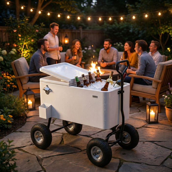 80 Quart Wagon Rolling Cooler Ice Chest with 10" Wheels (White)