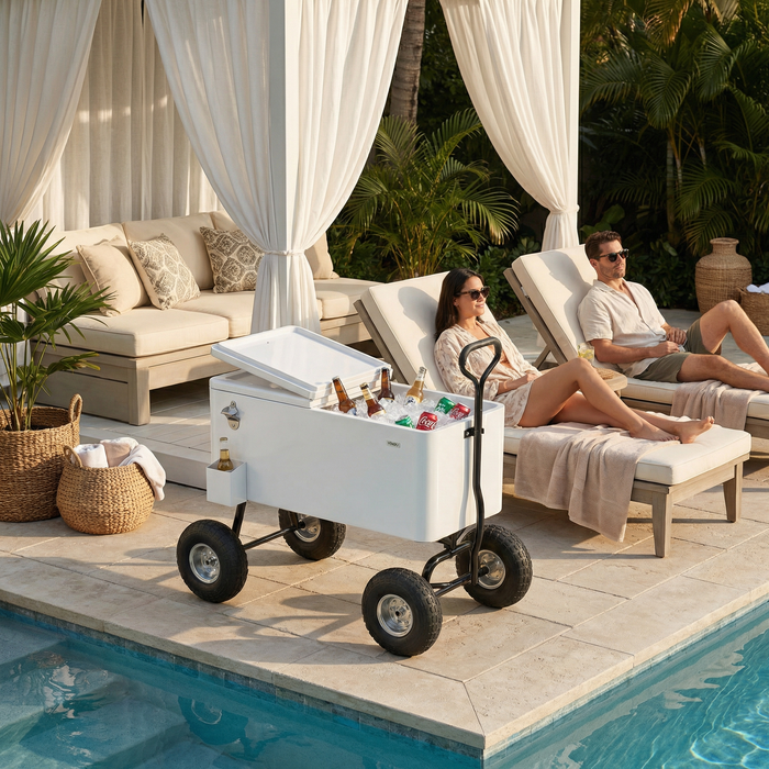 80 Quart Wagon Rolling Cooler Ice Chest with 10" Wheels (White)
